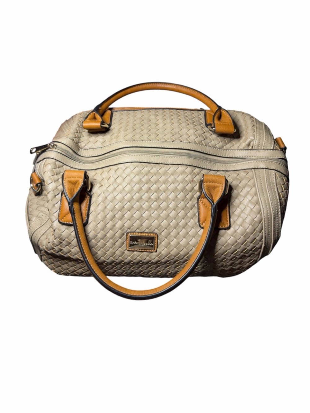 Simply Noelle Cream Woven Overnight Bag with Tan Handles and Detachable Strap